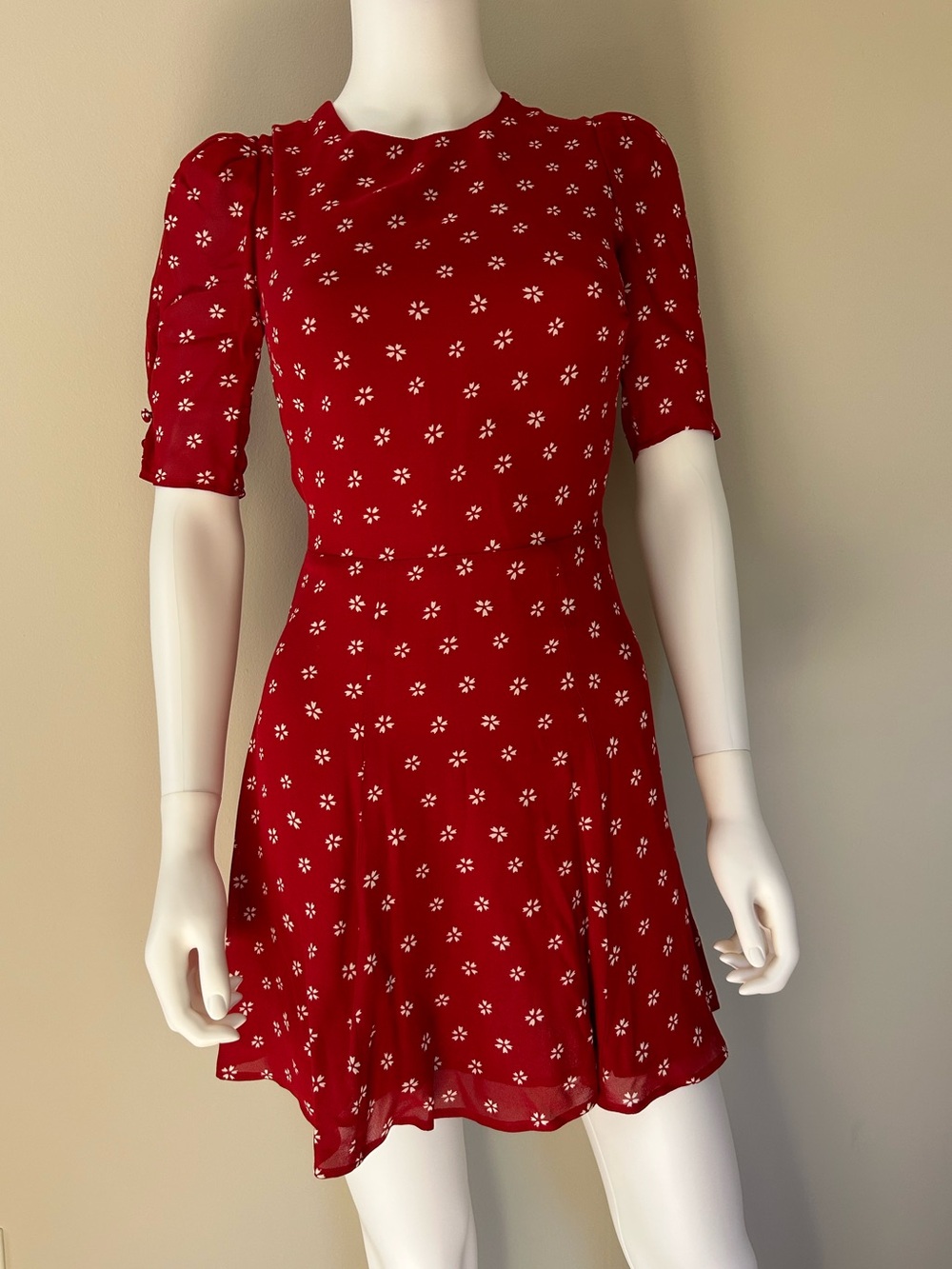 Reformation Red Floral Mini Dress Size 0 Puff Sleeve Open Back Tie Dress - Picture 1 of 10